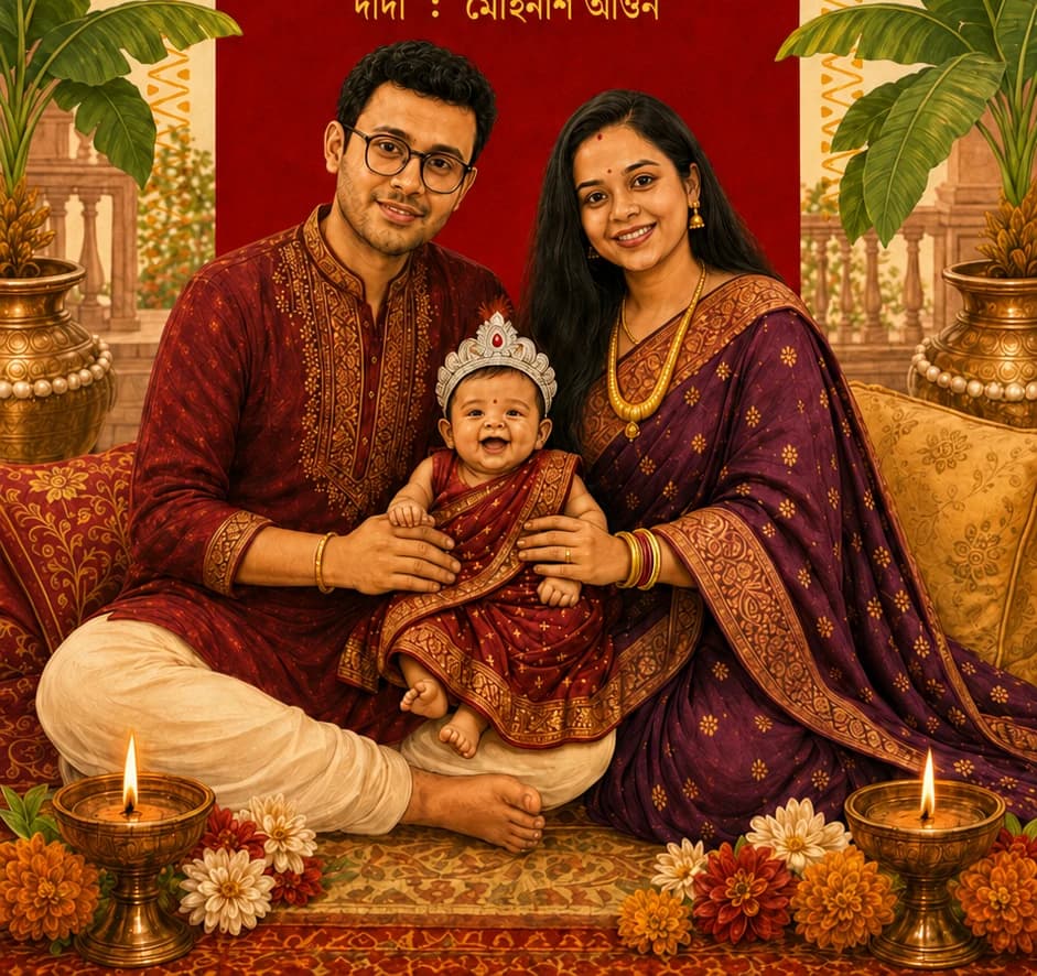 লাল বেনারসি সাজে পরিবারের সঙ্গে মিঠাই