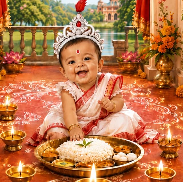 মুকুট পরা ছোট্ট আরাধ্যা ভাতের থালার সামনে