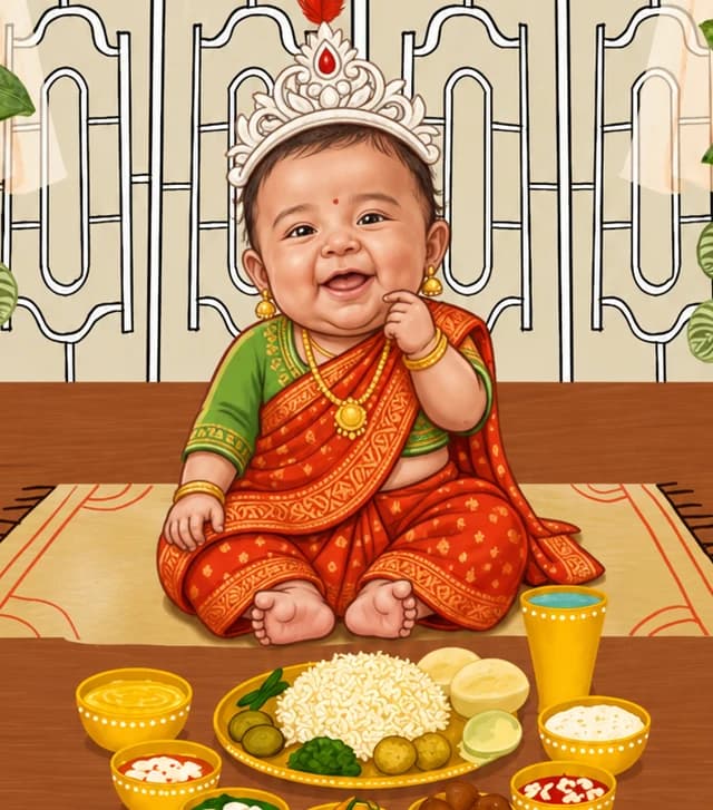লাল শাড়িতে ভাতের থালার সামনে হাসিমুখ মিঠাই